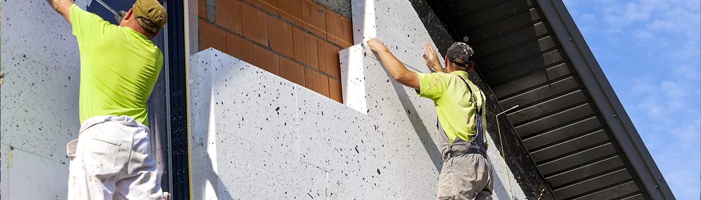 Chantier d’isolation par l’extérieur à Saint-Jean-Brévelay et Arradon mené par ELYPSIO, solution durable pour maisons et bâtiments.